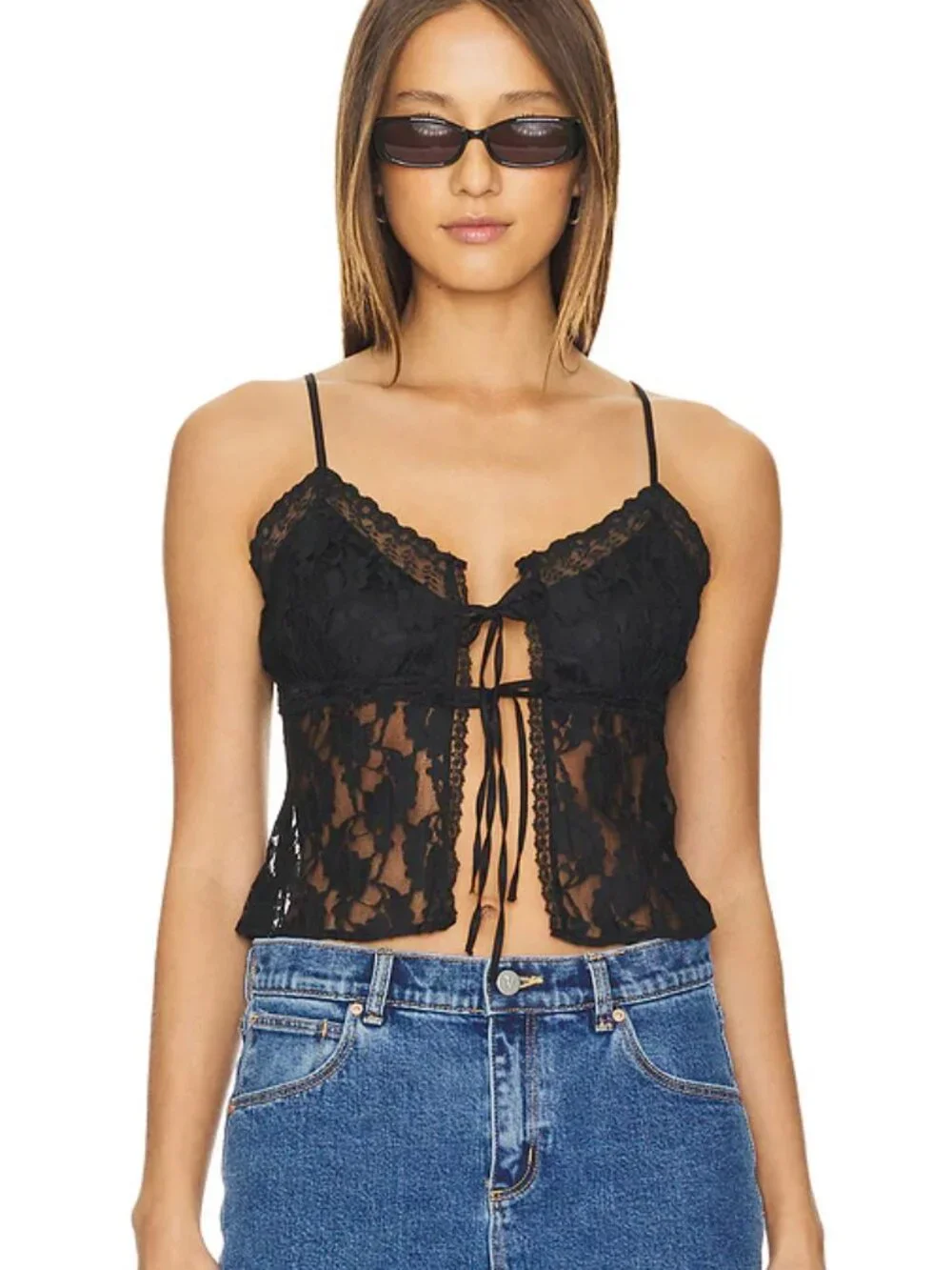 Free People Daylight Lace Cropped Camisole Tank Top Black‎ Small